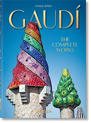 Book cover featuring colorful mosaic spires against a blue sky, titled Gaudi The Complete Works.