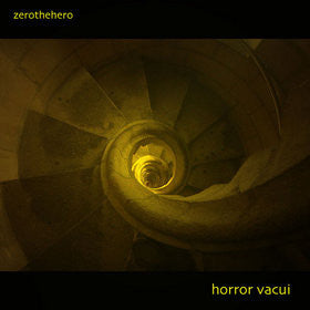 Spiral staircase viewed from above, dark yellow tones, album cover.