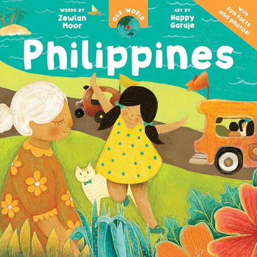 Illustrated children’s book cover depicting a girl, grandmother, and jeepney in Philippines.