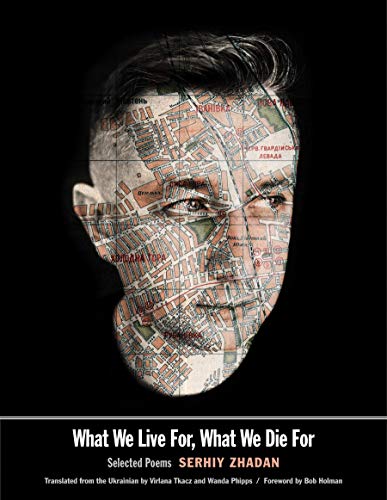 Poetry book cover: man’s face overlaid with a map, dark background.