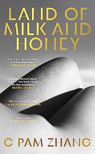 Book cover with title “Land of Milk and Honey” and abstract figures.