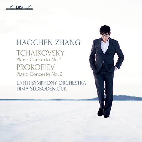 CD cover featuring pianist Haochen Zhang in a suit, walking on water.