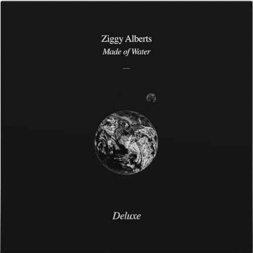 Vinyl cover with black background, text, and a monochrome image of Earth and moon.