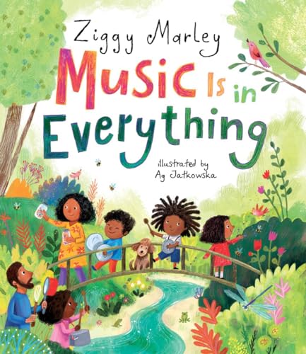 Book cover: children with instruments on a bridge in a garden.