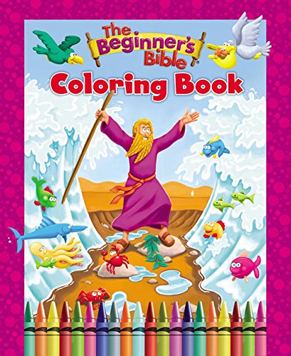 Coloring book cover depicting Moses parting the sea with colorful crayons.