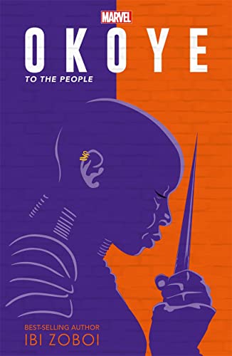 Book cover featuring a purple silhouette of Okoye with a spear.