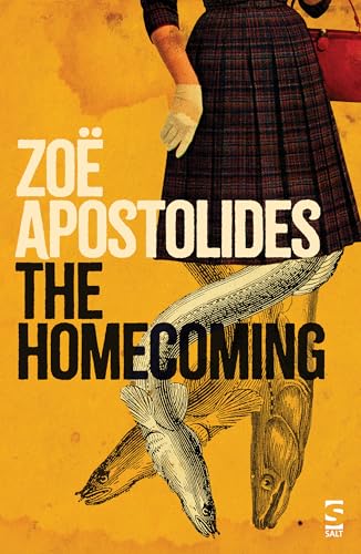 Book cover: woman in plaid skirt, fish illustration, yellow background.