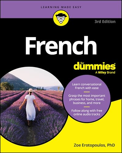 Cover of "French For Dummies" book with lavender field image.