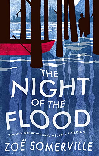 Book cover: flooded city scene with trees, boat, and silhouetted figure.