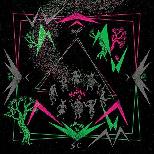Black album cover with neon pink and green geometric shapes and figures.