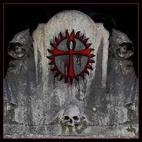 Gothic album cover with a skull, cross, and hooded figures in stone.