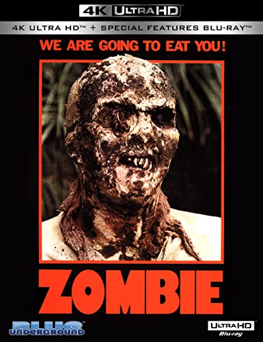 Zombie" Blu-ray cover featuring a close-up of a decaying zombie face.