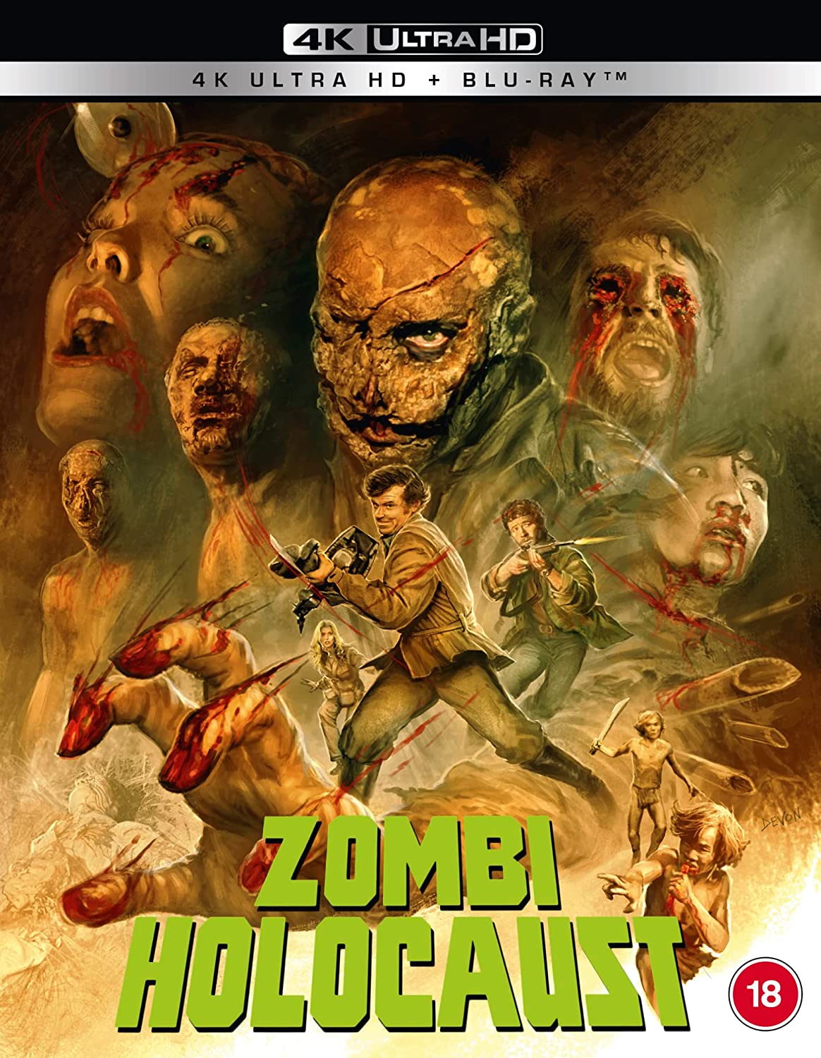 "Zombi Holocaust" Blu-ray cover featuring zombies and survivors with green title text.