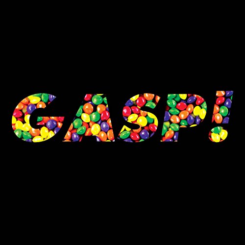 GASP!" text formed from colorful, overlapping candy pieces on black background.