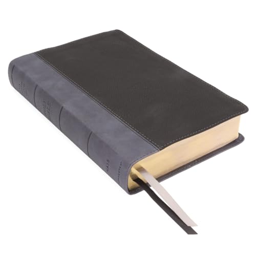 Black leathersoft Bible with red ribbon marker and gilded page edges.
