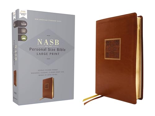 Brown leathersoft NASB Personal Size Bible next to its grey cardboard packaging.