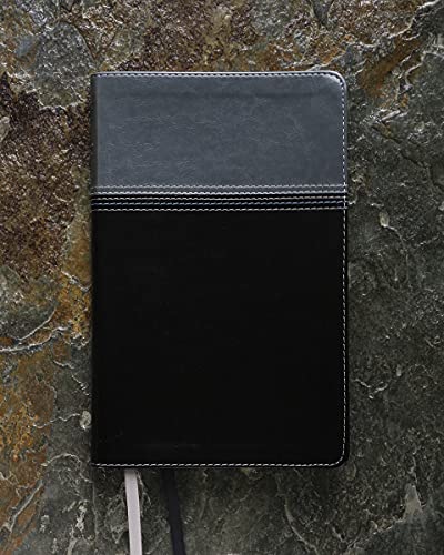 Black leathersoft Bible with red ribbon bookmark, closed on a stone surface.