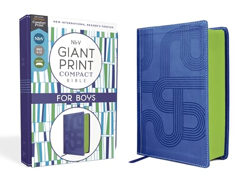 A blue Leathersoft Bible for boys with a green page edge and its packaging.