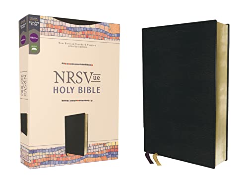 Black leather-bound NRSVue Holy Bible with patterned box, closed view.