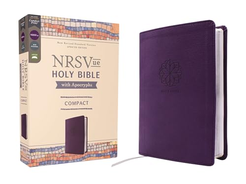 A purple leather-bound NRSVue compact Holy Bible next to its tan product box.