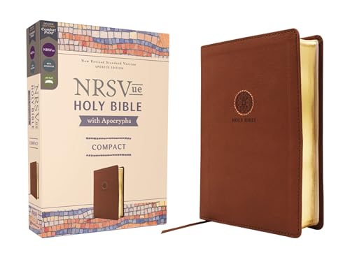 Brown leather NRSVue Holy Bible with gold-gilded edges next to its product box.