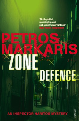 Book cover: "Zone Defence" by Petros Markaris, green background, dark alley scene.