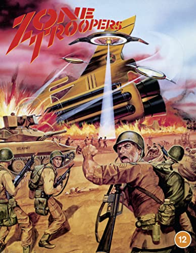 Soldiers in combat with rifles face a large alien spacecraft in a fiery battlefield.