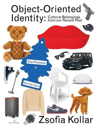 Book cover with various objects including a teddy bear, car, chair, and red lips.