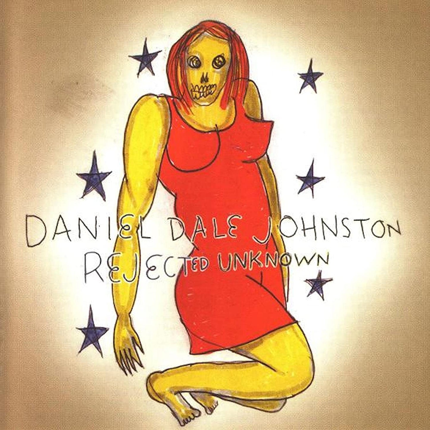 "Album cover art featuring a yellow figure with a skull face in a red dress."