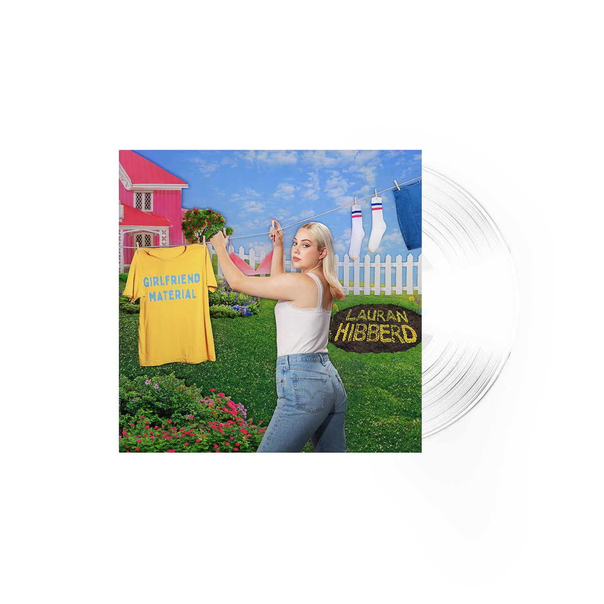 Clear vinyl LP with cover art of a woman in a suburban yard.