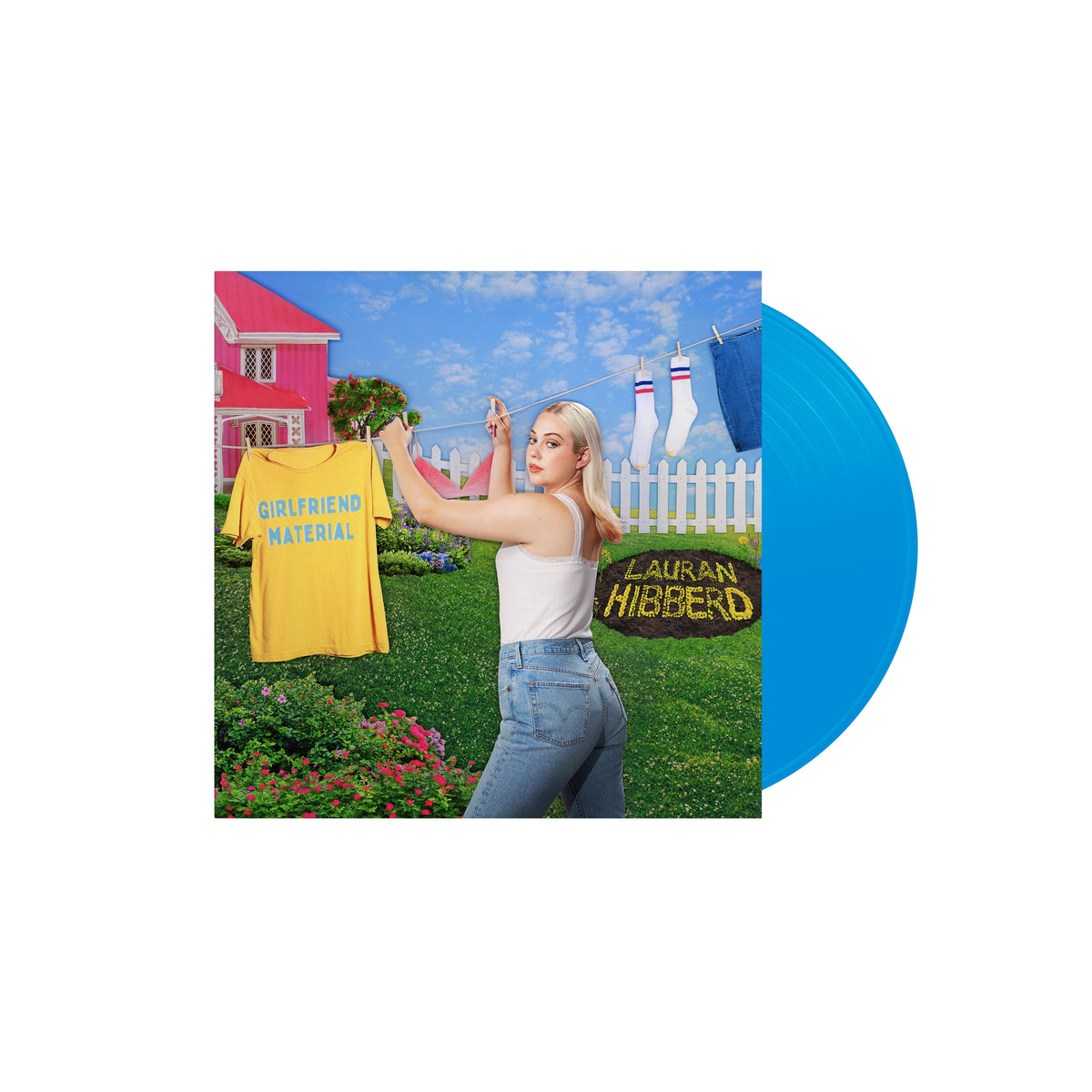Album cover for Lauran Hibberd’s “girlfriend material” with a woman and blue vinyl.