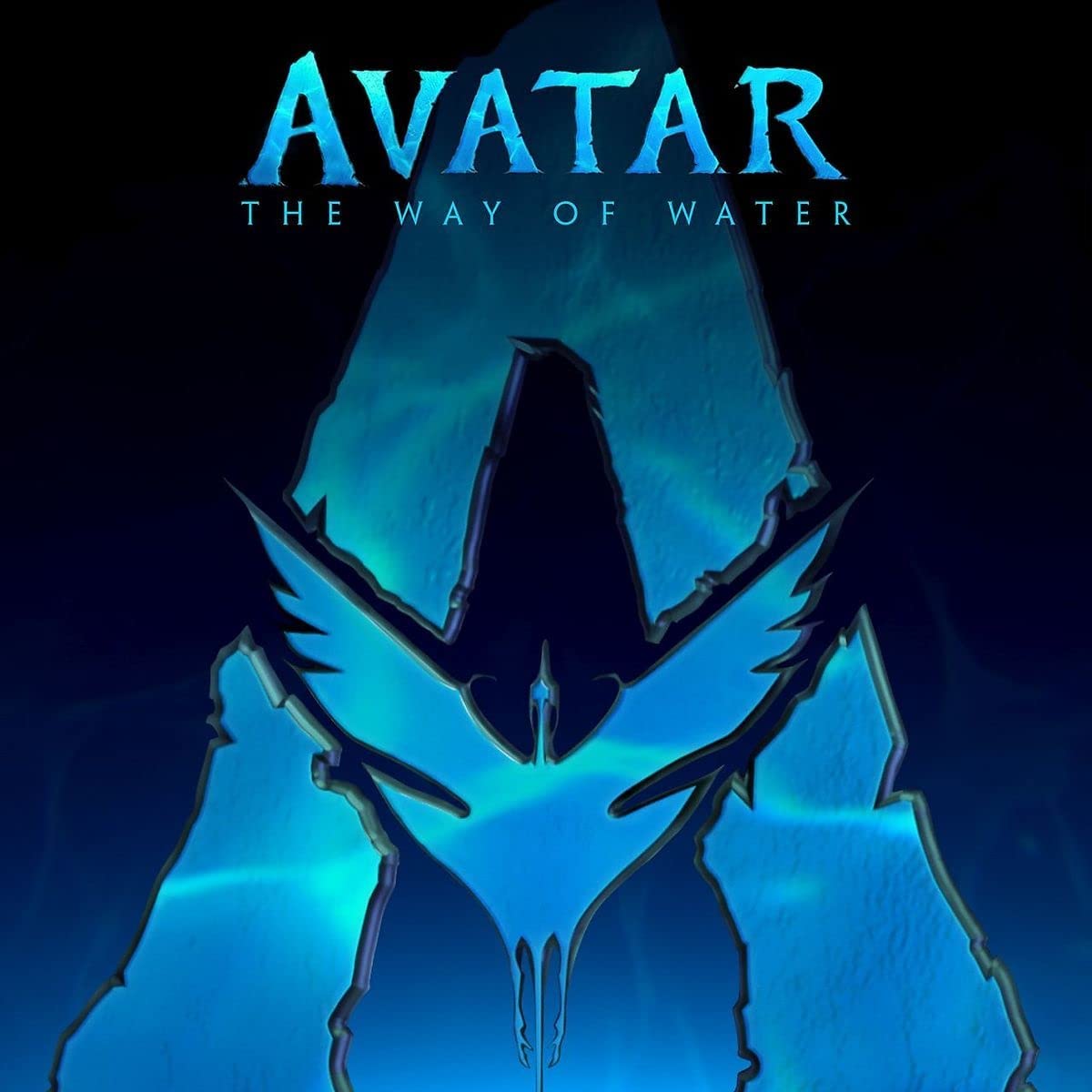 "Blue-toned poster for 'Avatar: The Way of Water' with a winged creature silhouette."