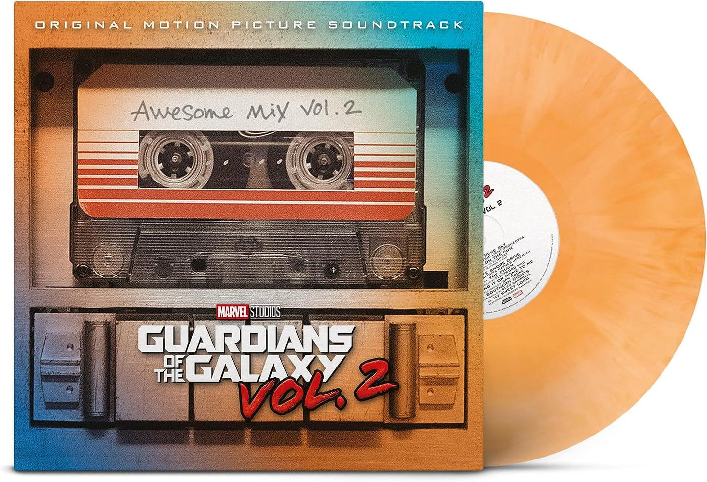 "Orange vinyl record with a cassette-themed album cover featuring 'Guardians of the Galaxy Vol. 2'."