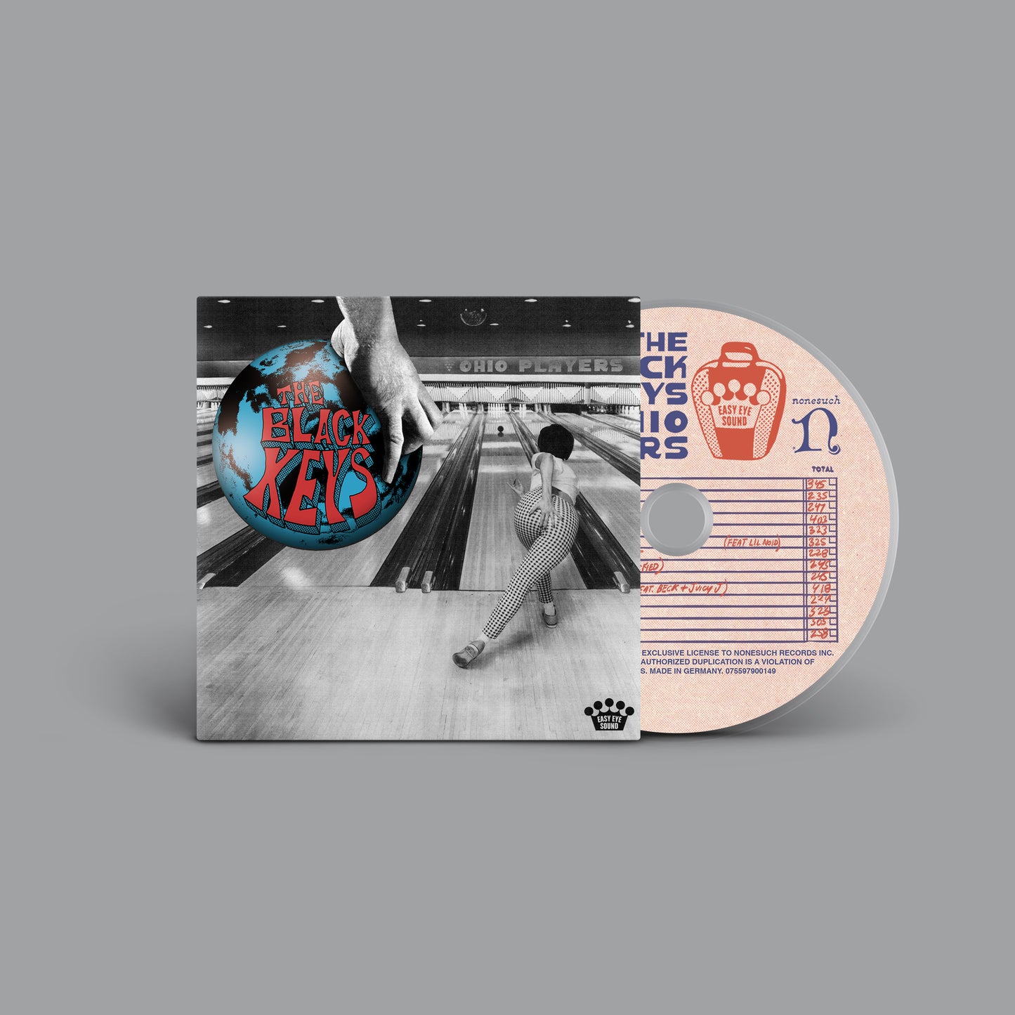 The Black Keys "Ohio Players" CD case and disc with bowling imagery.