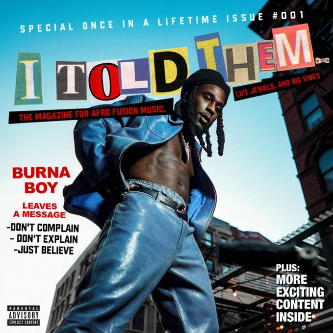 Burna Boy on a magazine cover, wearing blue leather, posing against a blue sky.