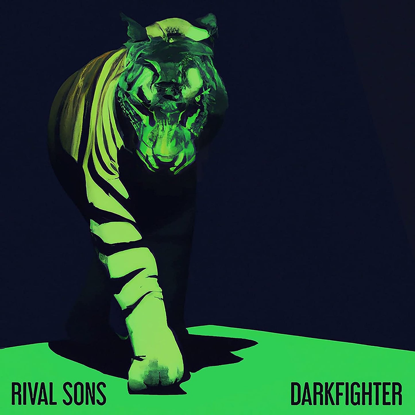 "Album cover with green tiger illustration against dark background, titled 'Rival Sons - Darkfighter'."