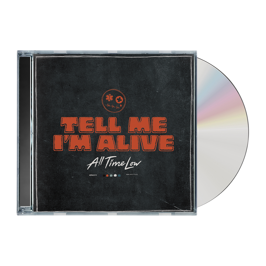"CD case with black cover and orange text, partially open to reveal silver CD."