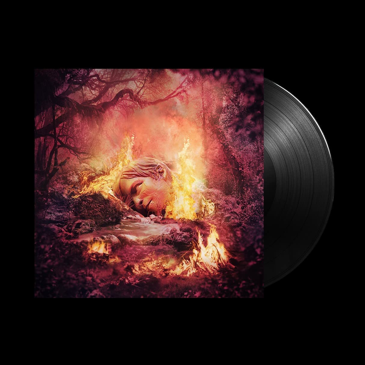 Weezer album cover with fiery imagery and a black vinyl record.