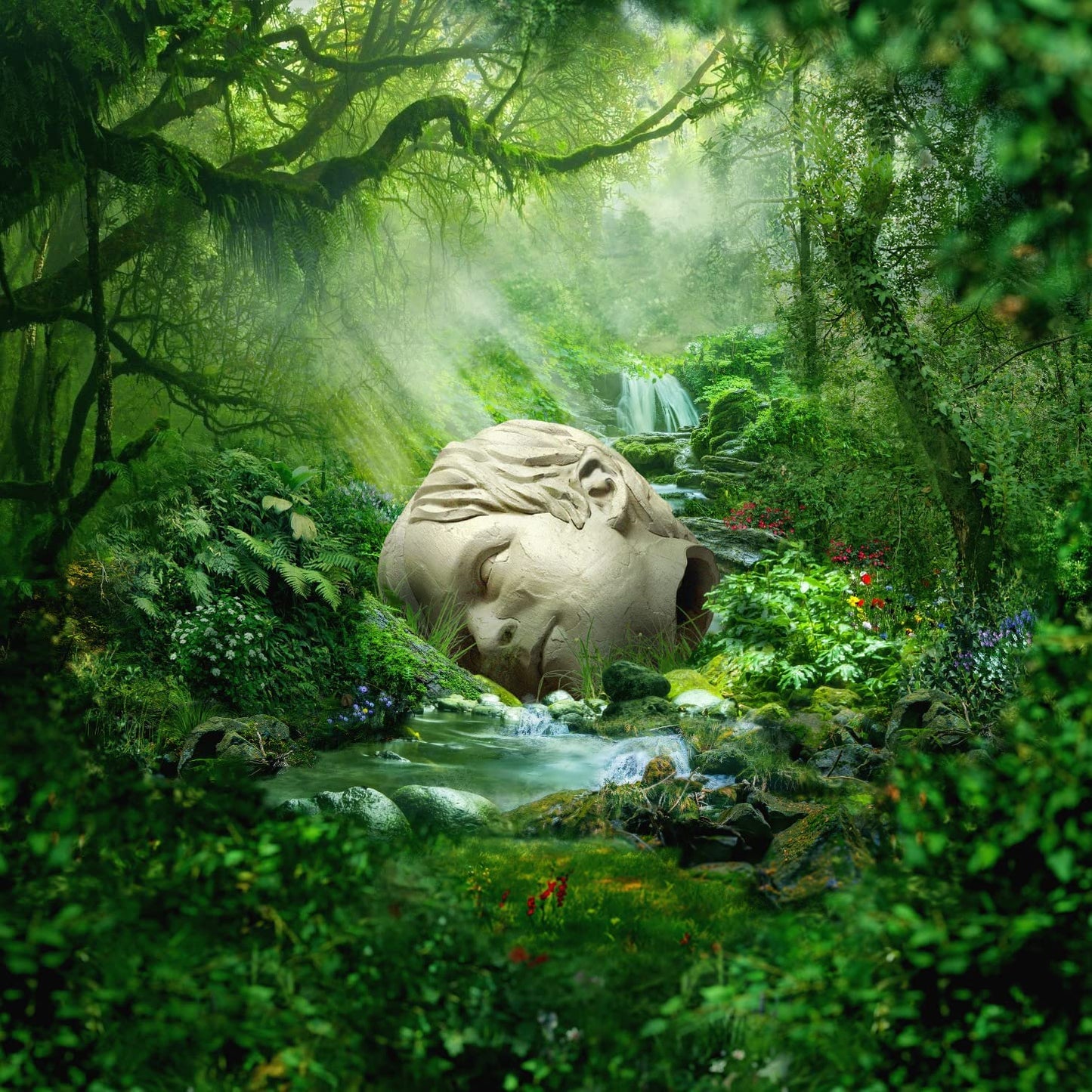 A serene forest scene with a large stone head surrounded by lush greenery and a stream.