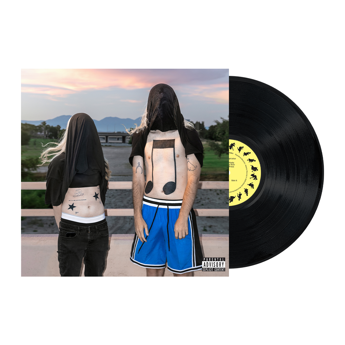 "Black vinyl record with album cover featuring two people with hoods and tattoos."