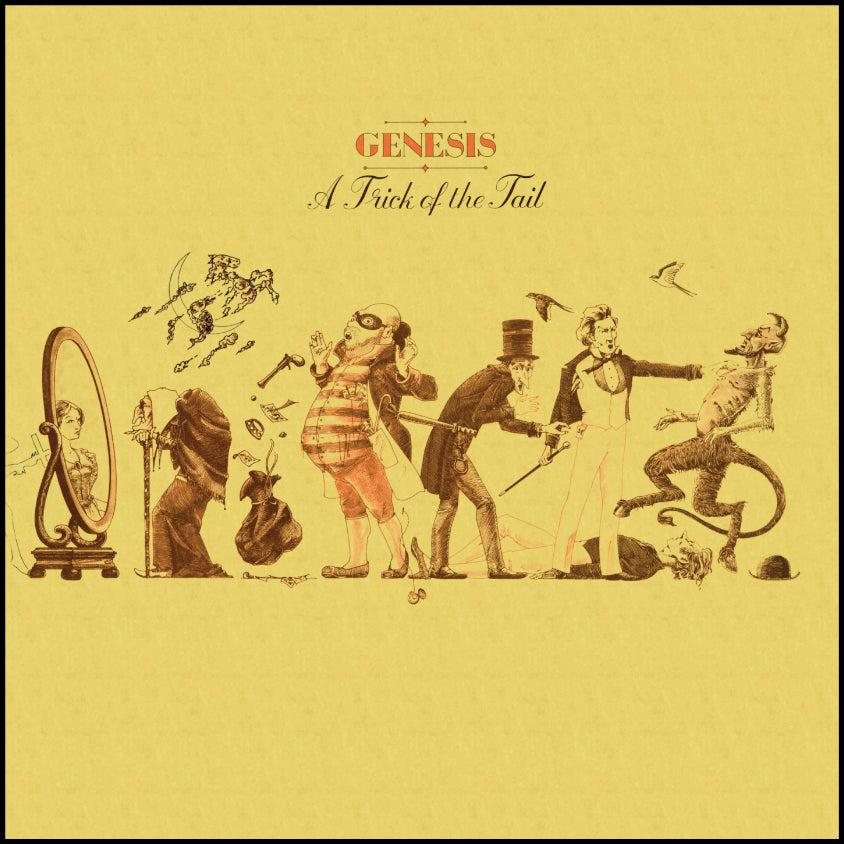 Album cover for Genesis’ “A Trick of the Tail” with a whimsical illustration.
