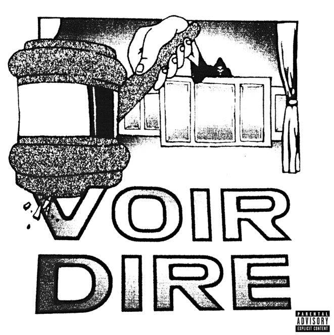 Black and white album cover for "VOIR DIRE" by Earl Sweatshirt & The Alchemist.