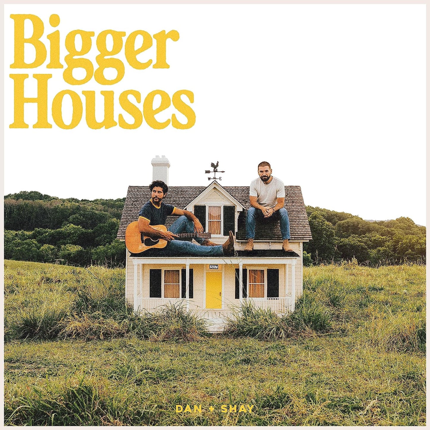 "Album cover with two men sitting on a small house roof, in a grassy field."