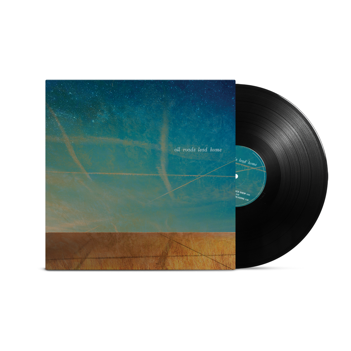 Vinyl record for “All Roads Lead Home” with a desert highway cover.