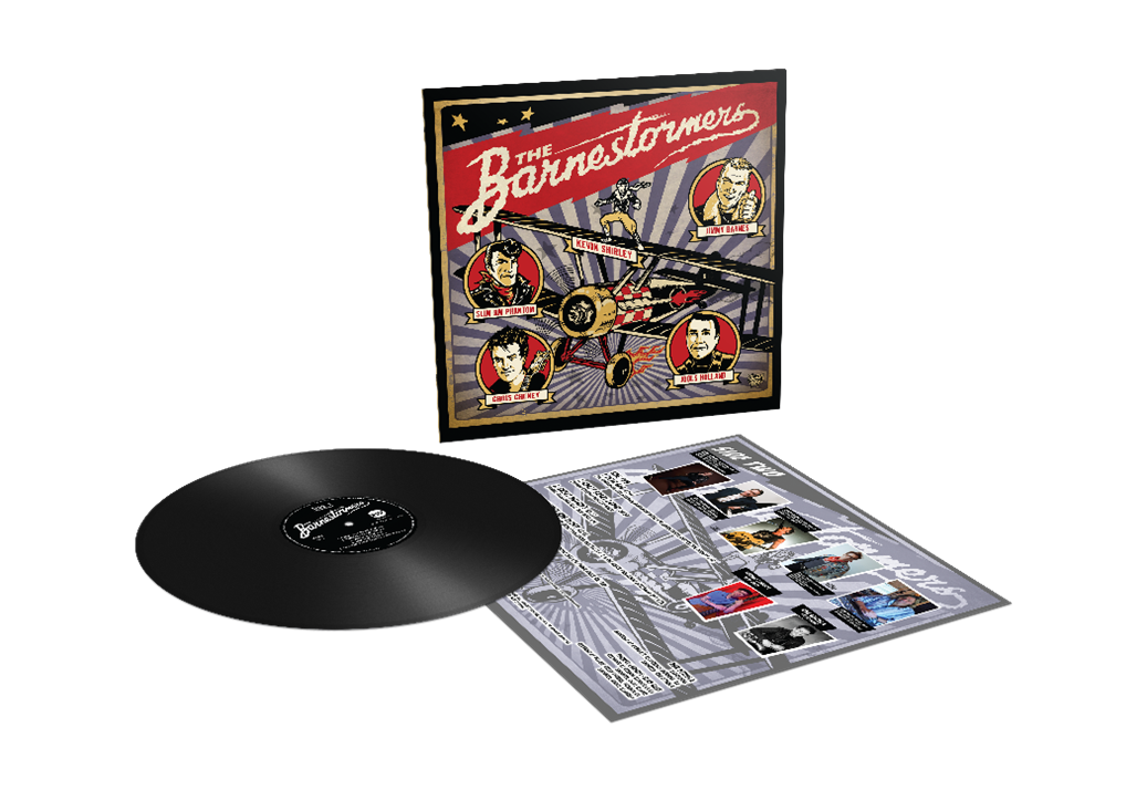 Vinyl record with cover art featuring portraits and a vintage airplane.