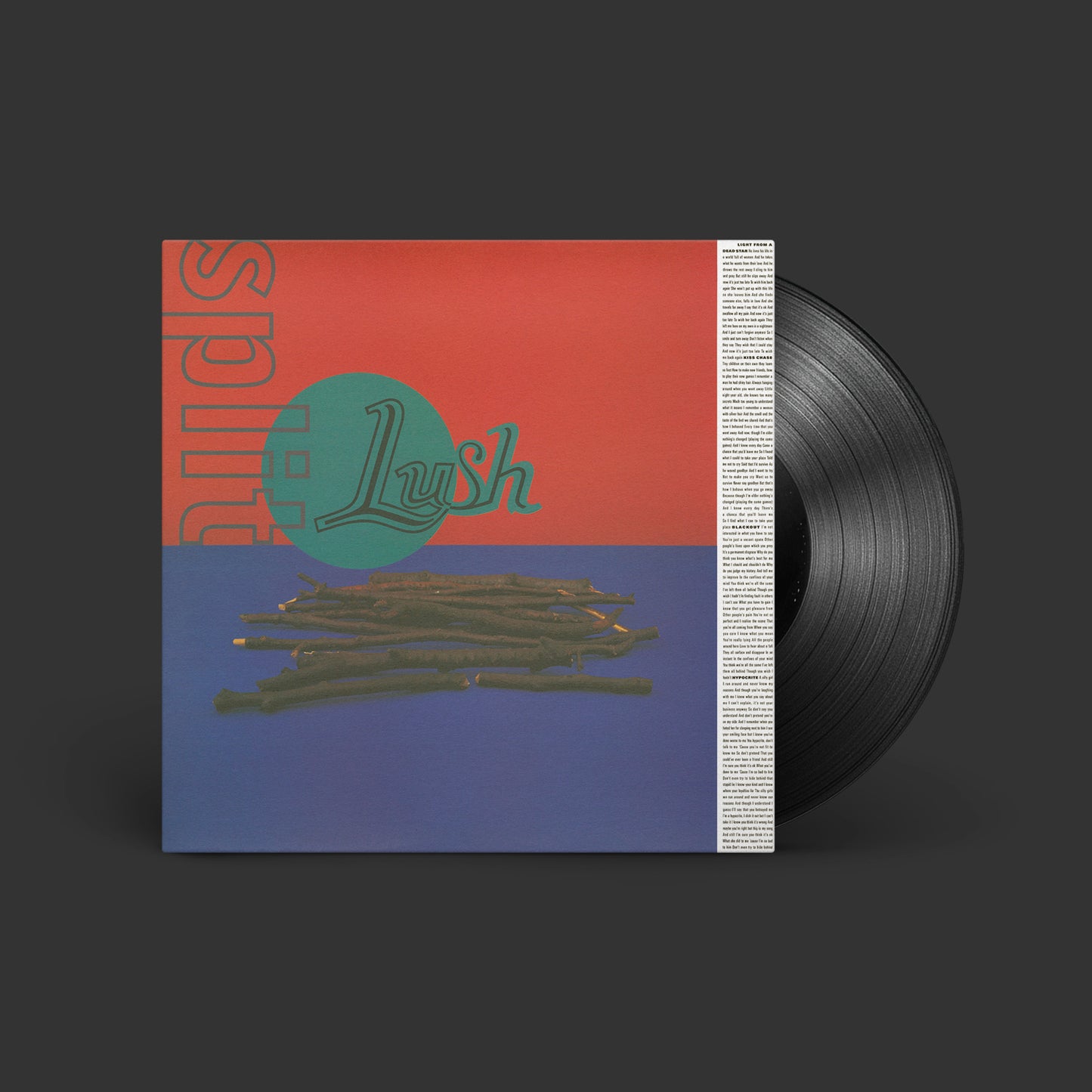 Lush “Split” vinyl record with red, purple, and campfire imagery.