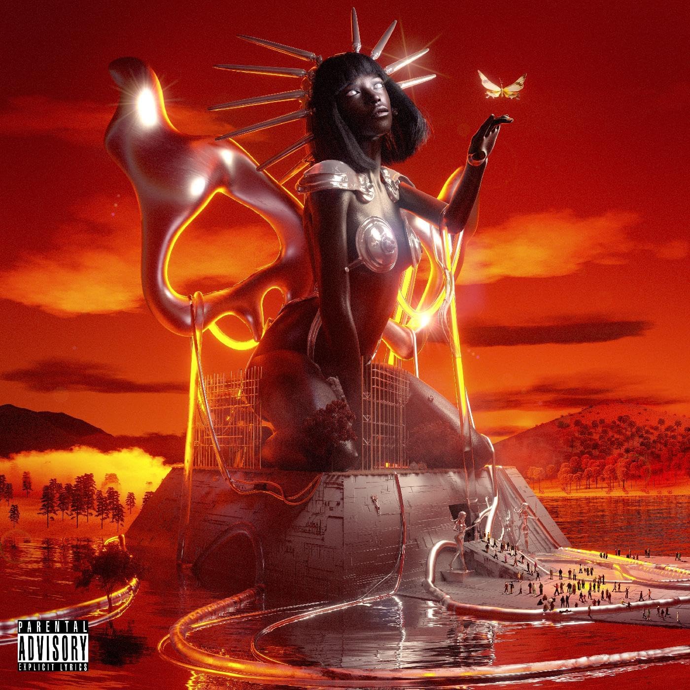 "Album cover art featuring a dark-skinned woman surrounded by futuristic, fiery elements."