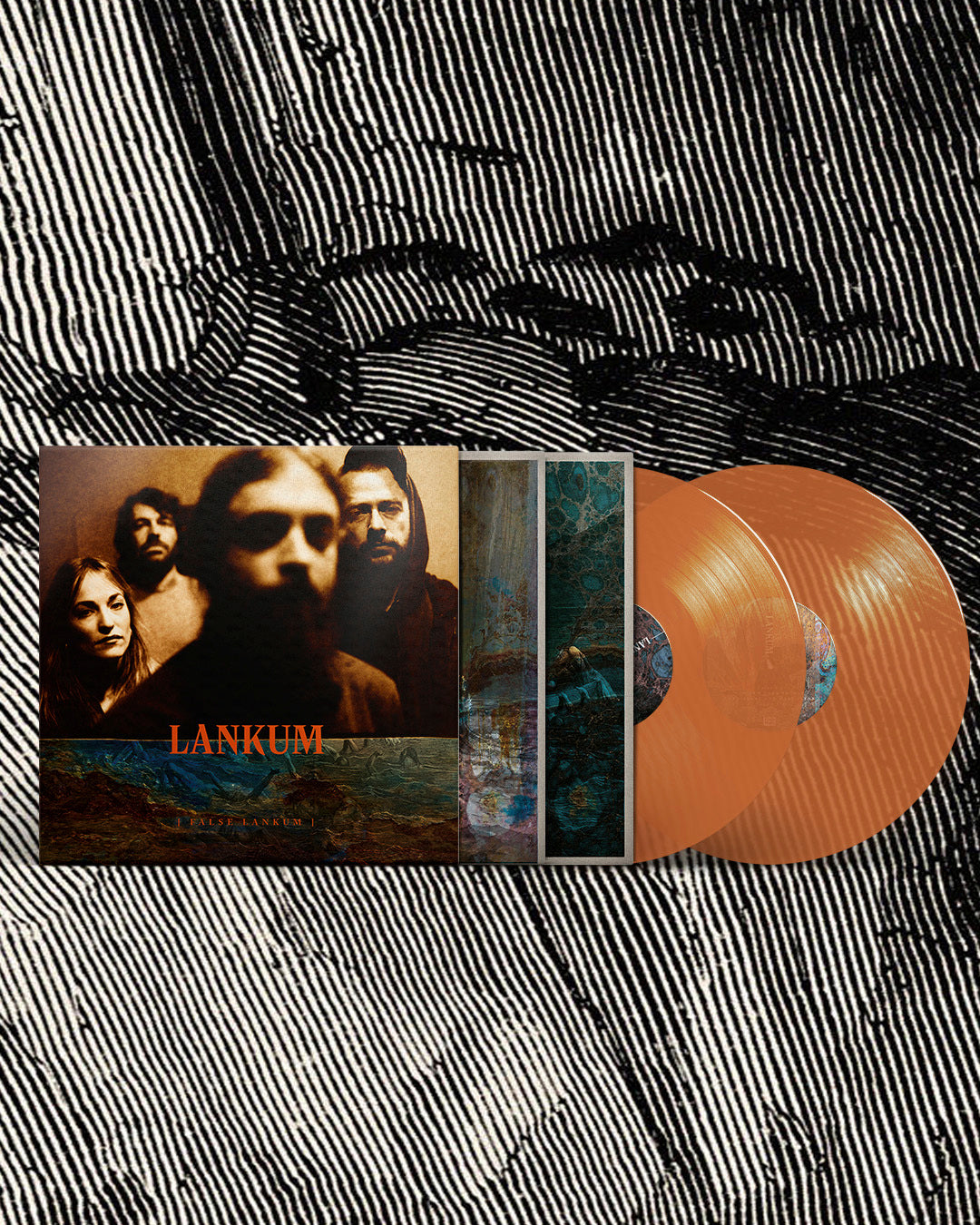 "Clear orange vinyl records with album cover featuring a band's portrait on a textured background."