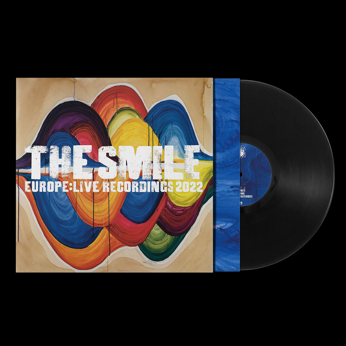 "Vinyl record with colorful cover art displaying 'THE SMILE' and 'EUROPE: LIVE RECORDINGS 2022'."