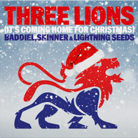 A red, white, and blue lion wearing a Santa hat, with text above it.